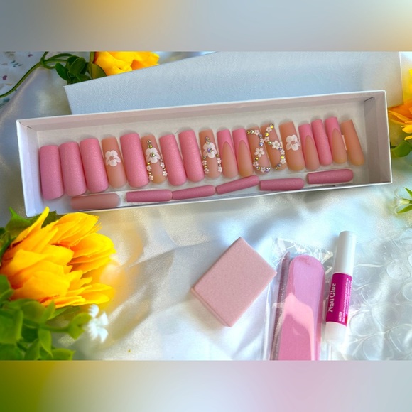 Other - Soft Pink Matte Press-On Nails with Floral and Rhinestone Accents